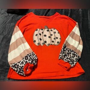Orange Pumpkin Graphic Sweater with Patterned Sleeves